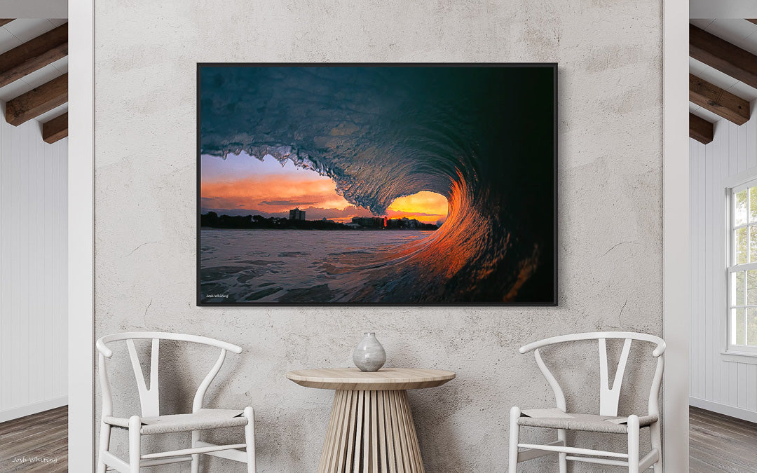 Floating frame canvas print in black - Interior Design - Cheap Prints online - Beach Photography print - Beachy wall art - Modern Artwork - Modern Wall Art - Mooloolaba Beach Framed Print - Sunshine Coast Wall Art - Australian Wall Art - Orange wall art - surfing prints Australia