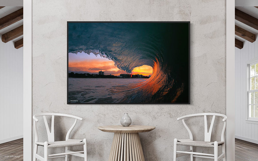 Floating frame canvas print in black - Interior Design - Cheap Prints online - Beach Photography print - Beachy wall art - Modern Artwork - Modern Wall Art - Mooloolaba Beach Framed Print - Sunshine Coast Wall Art - Australian Wall Art - Orange wall art - surfing prints Australia