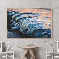 Oak Frame - Framed Canvas Prints - Canvas Framing Online - Canvas Prints Online - Original Artwork - Limited Edition Canvas Print - Oil Painting Wall Art - Blue and Orange colours - Mooloolaba Beach Shot - Sunset over water print - Water and Light