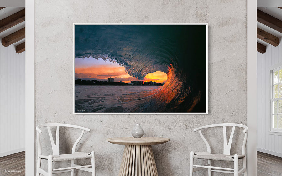 Floating frame canvas print in White - Interior Design - Cheap Prints online - Beach Photography print - Beachy wall art - Modern Artwork - Modern Wall Art - Mooloolaba Beach Framed Print - Sunshine Coast Wall Art - Australian Wall Art - Orange wall art - surfing prints Australia