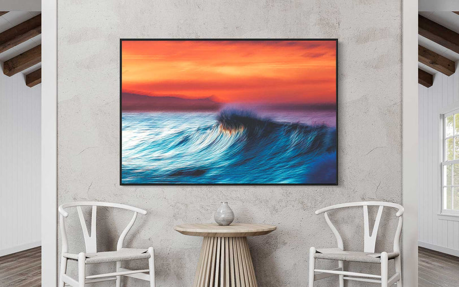 Wave abstract art - Coastal living room decor - Beach house wall prints - Seaside sunset canvas - Water motion wall art - Serene beach scenes - Sunset horizon artwork - Ocean wave silhouette prints - Tranquil coastal ambiance - Dramatic sunset ocean waves.
