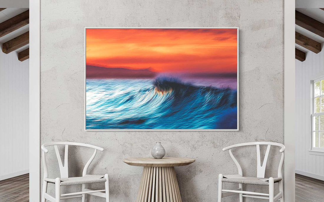 Sunset wave wall art - Slow shutter ocean photography - Coastal sunset canvas prints - Beach wall decor - Seascape artwork - Nautical theme prints - Oceanic landscape photography - Surfing wall art - Tropical beach scenes - Wave motion art - Coastal decor inspiration - Sunset beach photography - Long exposure ocean waves