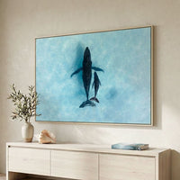 Humpback whale mother and calf Ningaloo Reef - aerial drone photography - oak floating frame canvas print - extra large coastal wall art - luxury coastal living room - ocean wildlife fine art print - Josh Whiting Photos