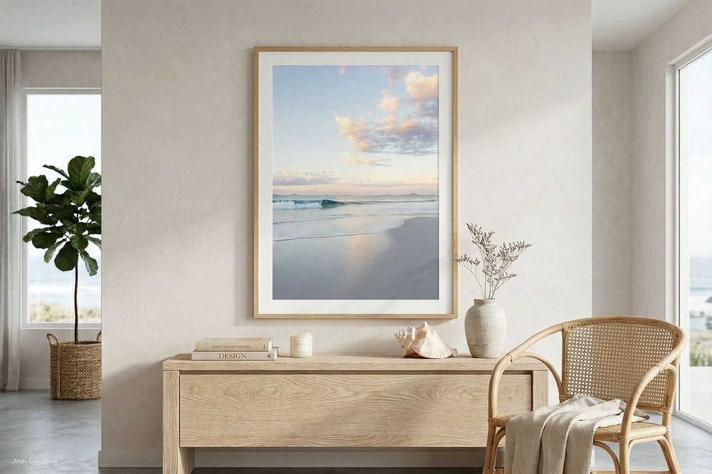 Beach Print - Sunshine Coast photography - oak framed print - soft neutral coastal wall art - contemporary coastal living room - Hamptons interior styling - Josh Whiting Photos