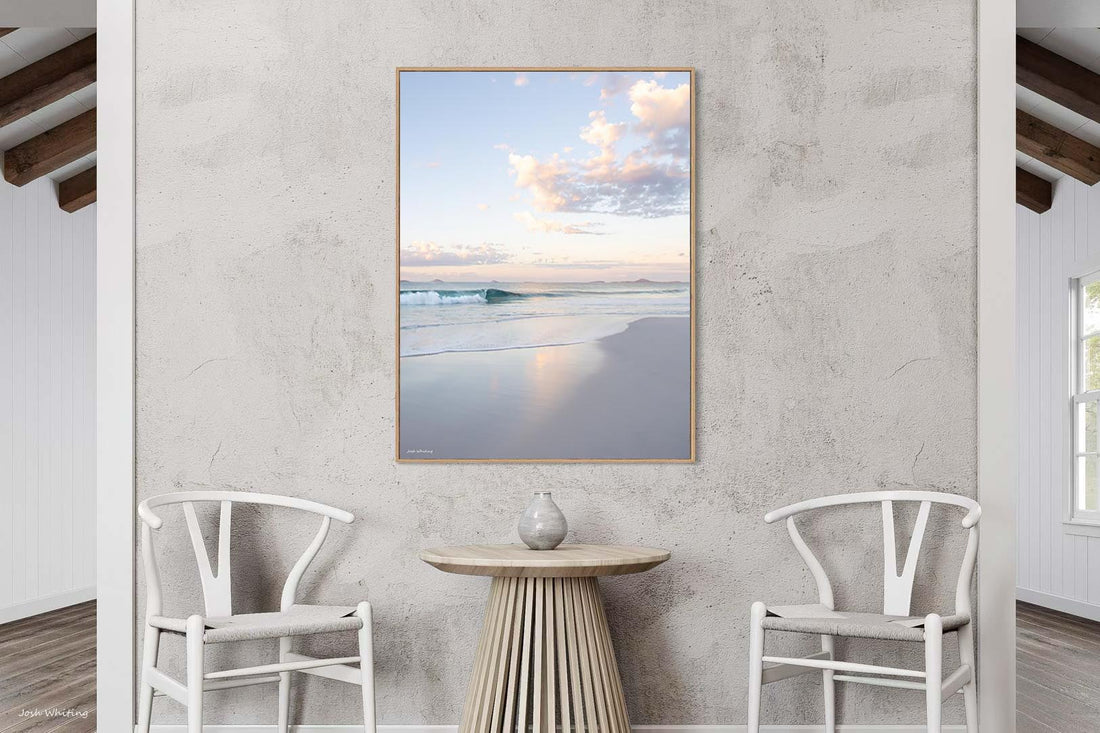 Soft pastel sunrise beach photography - Sunshine Coast Australia - oak floating frame canvas print - large format portrait coastal wall art - calming wall art - fine art photography print - Josh Whiting Photos