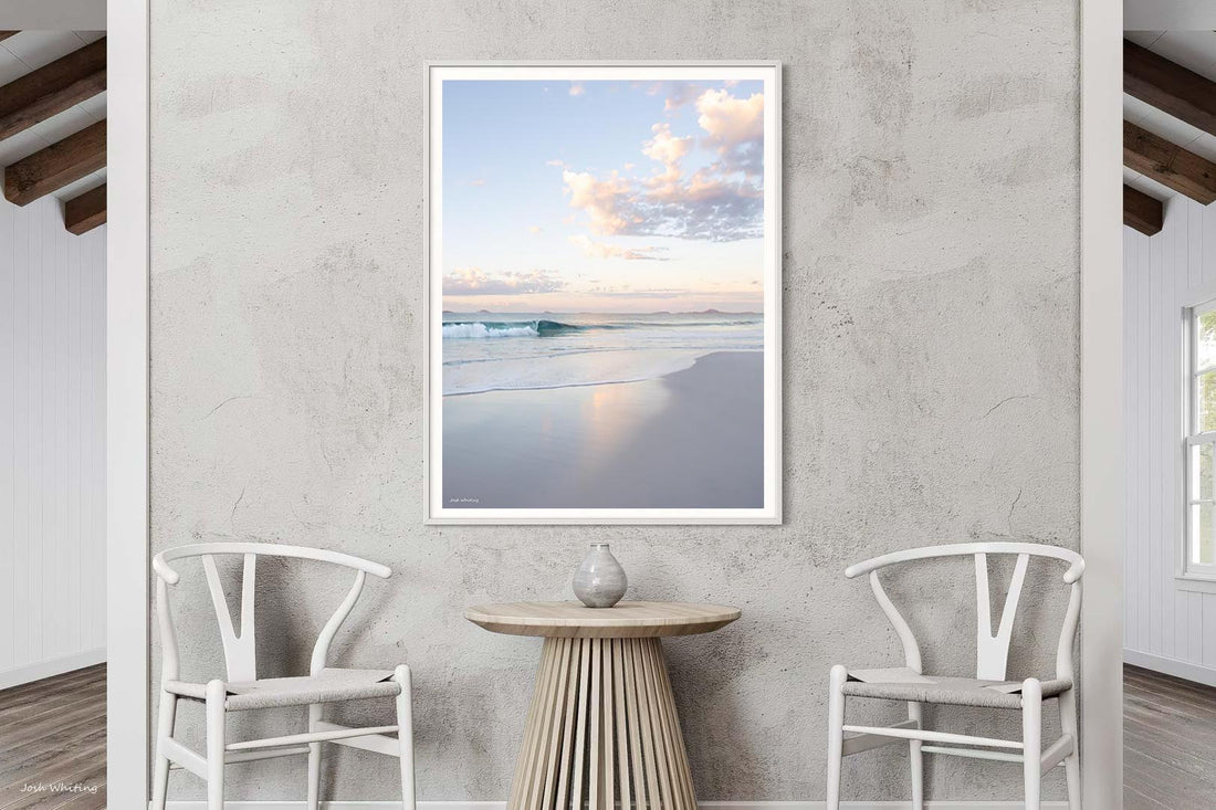 Sunshine Coast pastel beach photography - soft neutral coastal wall art - white framed print - portrait format beach print - minimalist coastal wall art - Australian photography print - Josh Whiting Photos