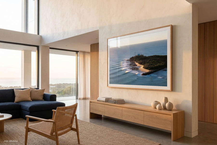 Point Cartwright aerial photography print in oak frame - Sunshine Coast coastal living room - large format landscape wall art - Queensland coastal photography - interior designer wall art - beach house decor - Josh Whiting Photos