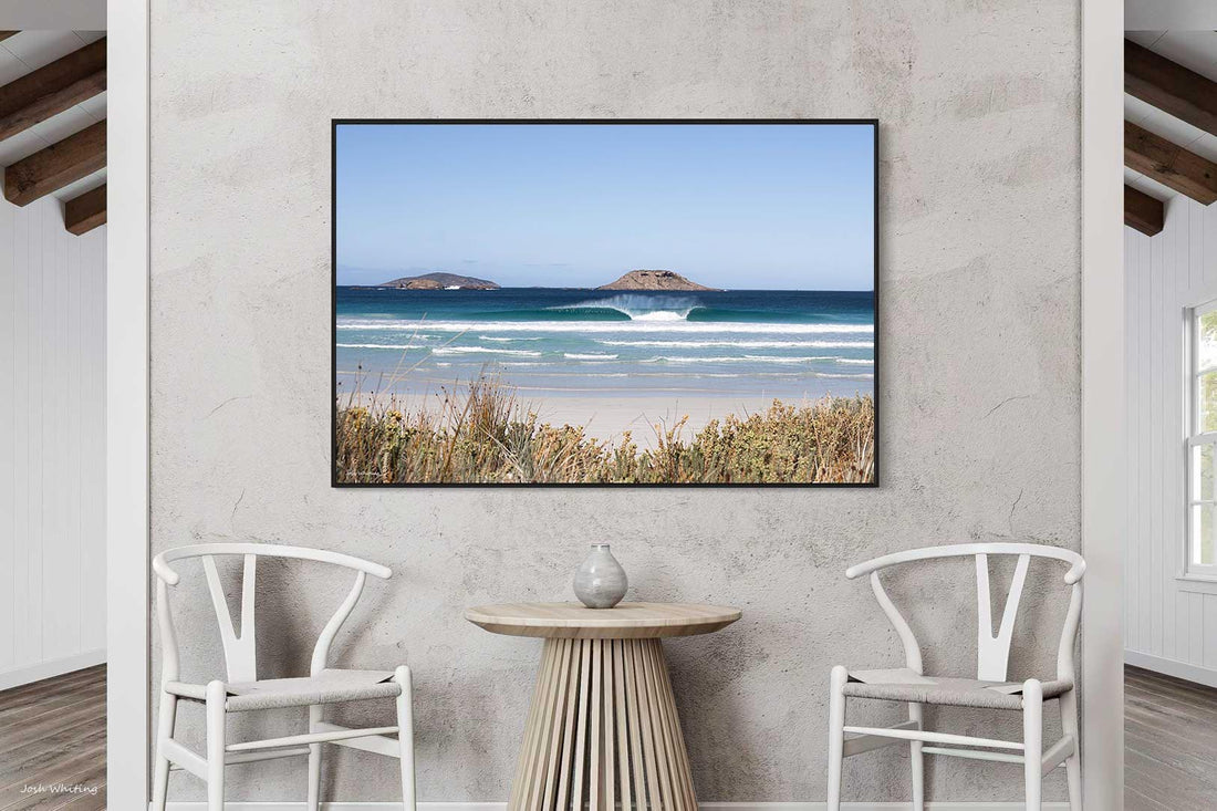 Right hand beach break WA - Esperance surf photography - black floating frame canvas print - oversized wave photography print - coastal wall art - beach break pictures for sale - Josh Whiting Photos