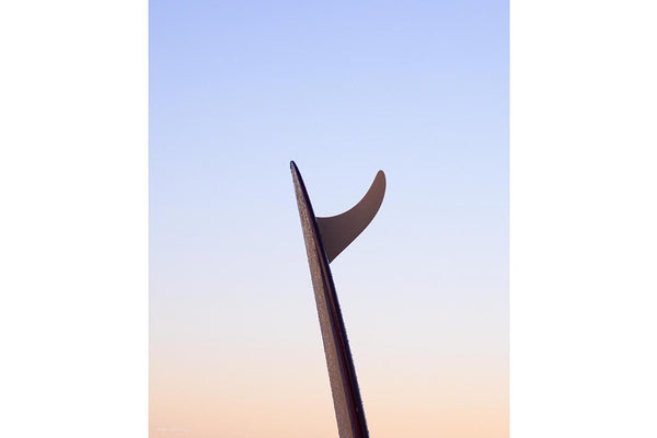 Single fin mal surfboard at sunrise - pastel blue peach gradient sky - minimalist surf photography - fine art portrait coastal print - Sunshine Coast Australia - photography sunshine coast - Josh Whiting Photos