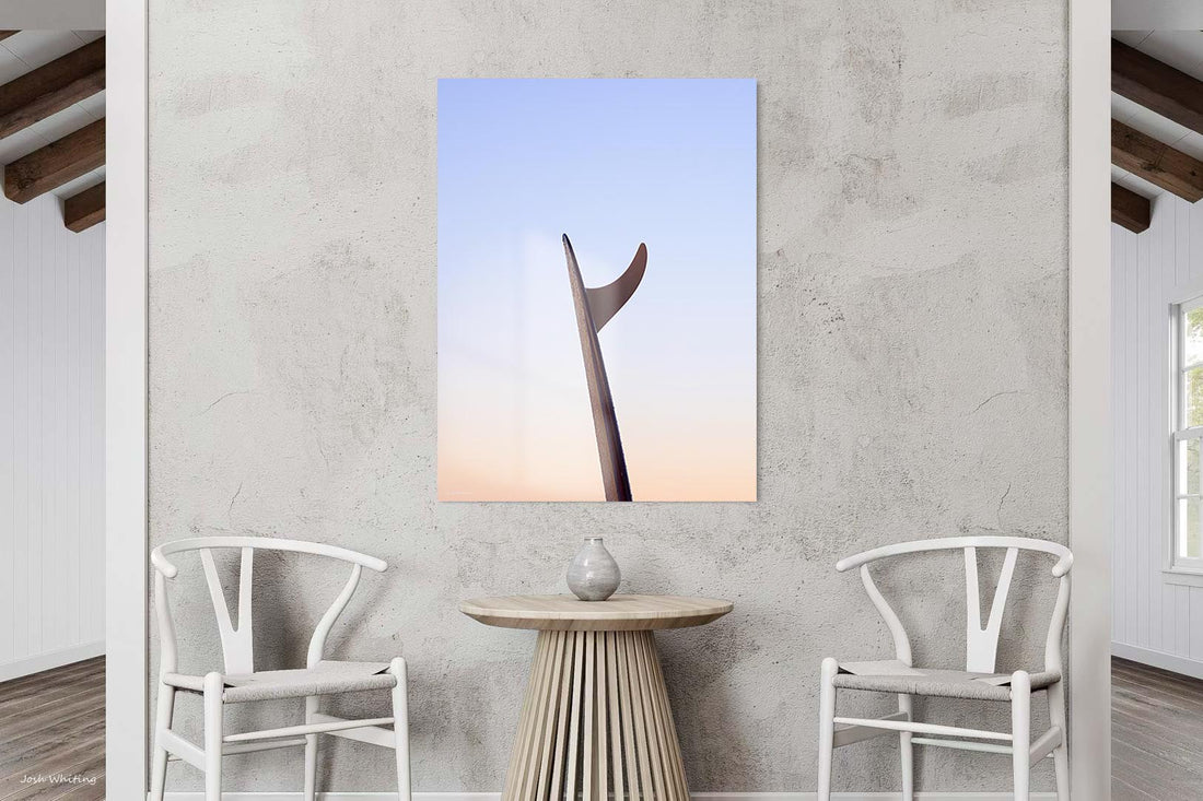 Single fin surfboard sunrise photography - frameless acrylic print - premium minimalist surf wall art - portrait coastal photography - fine art surf print - Australian photographer - Josh Whiting Photos