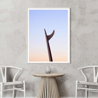 Single fin surfboard sunrise photography - white framed print - minimalist surf wall art - portrait format coastal photography - neutral pastel surf print - buy framed prints online - Josh Whiting Photos