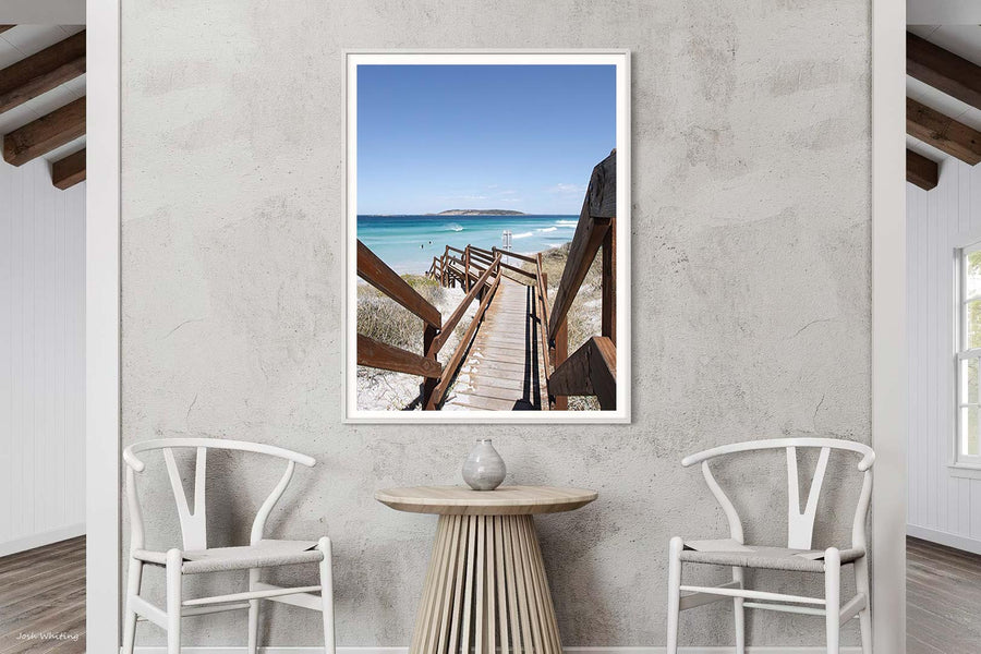 White framed portrait print of a Western Australia beach scene, A piece of coastal wall art with worldwide shipping [[framed_white]]