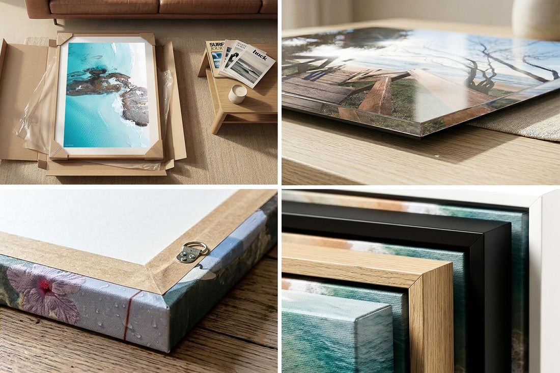 Wall art print quality and framing detail — canvas, acrylic and framed corner close-ups