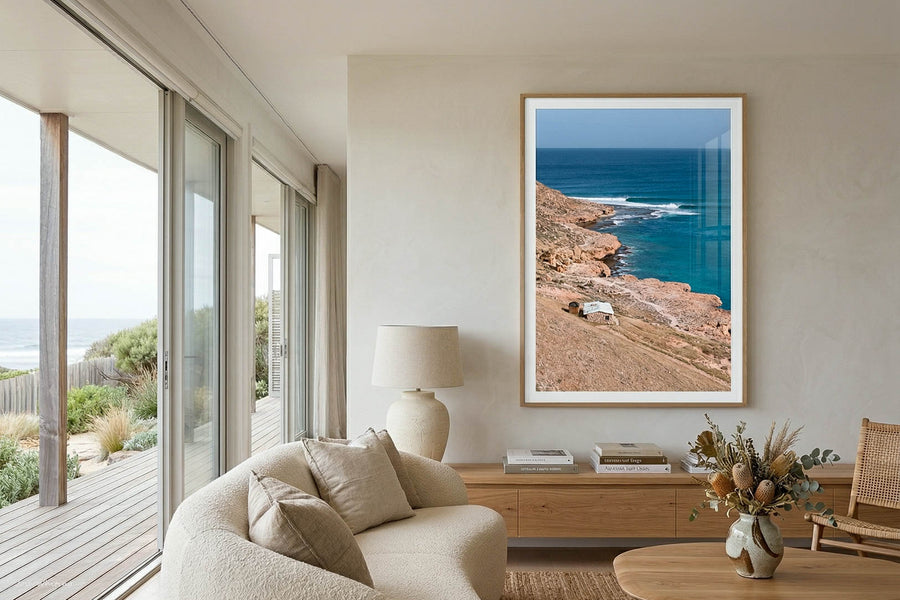 Red Bluff Quobba Station surf print in oak frame - Western Australia coastal photography - left hand point break wall art - coastal living room decor - beach house wall art - interior designer wall art - Josh Whiting Photos
