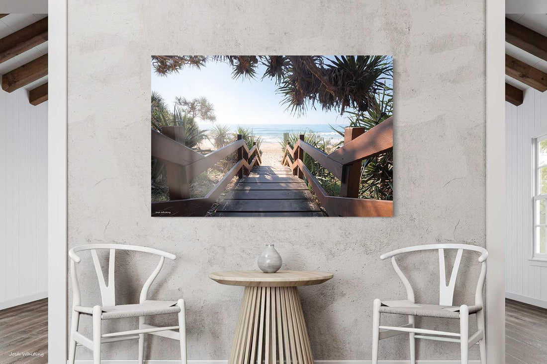 Beach entrance staircase Sunshine Coast Queensland - pandanus trees coastal photography - frameless acrylic print - premium beach wall art - immersive perspective photography print - Josh Whiting Photos