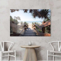 Beach entrance staircase Sunshine Coast Queensland - pandanus trees coastal photography - frameless acrylic print - premium beach wall art - immersive perspective photography print - Josh Whiting Photos