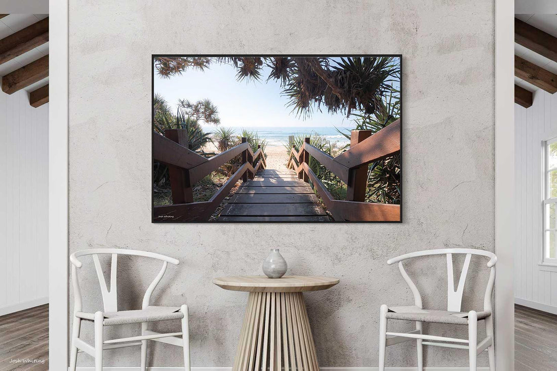 Sunshine Coast beach access staircase photography - pandanus tree boardwalk - black floating frame canvas print - coastal wall art - beach pictures for sale - Queensland photography print - Josh Whiting Photos
