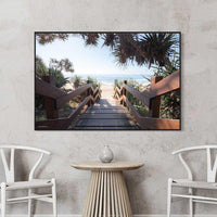 Sunshine Coast beach access staircase photography - pandanus tree boardwalk - black floating frame canvas print - coastal wall art - beach pictures for sale - Queensland photography print - Josh Whiting Photos