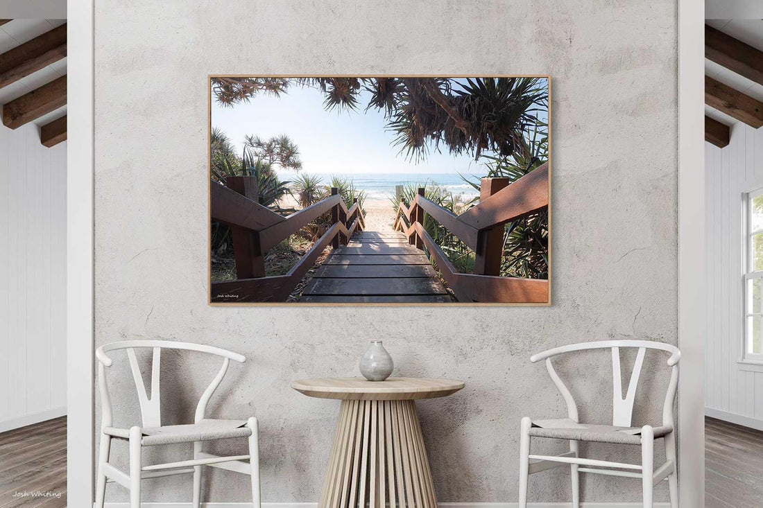Sunshine Coast Photography - Sunshine Coast beach entrance photography - timber boardwalk pandanus trees - oak floating frame canvas print - extra large coastal wall art - beach decor - Australian photography art - Josh Whiting Photos