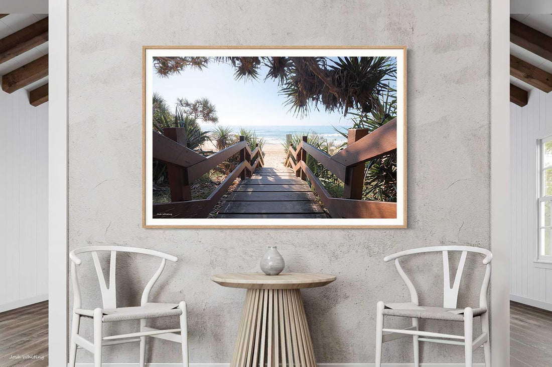 Beach entrance staircase Sunshine Coast - pandanus trees timber boardwalk - oak framed print - extra large coastal wall art - beach walkway photography - Australian photography print - Josh Whiting Photos