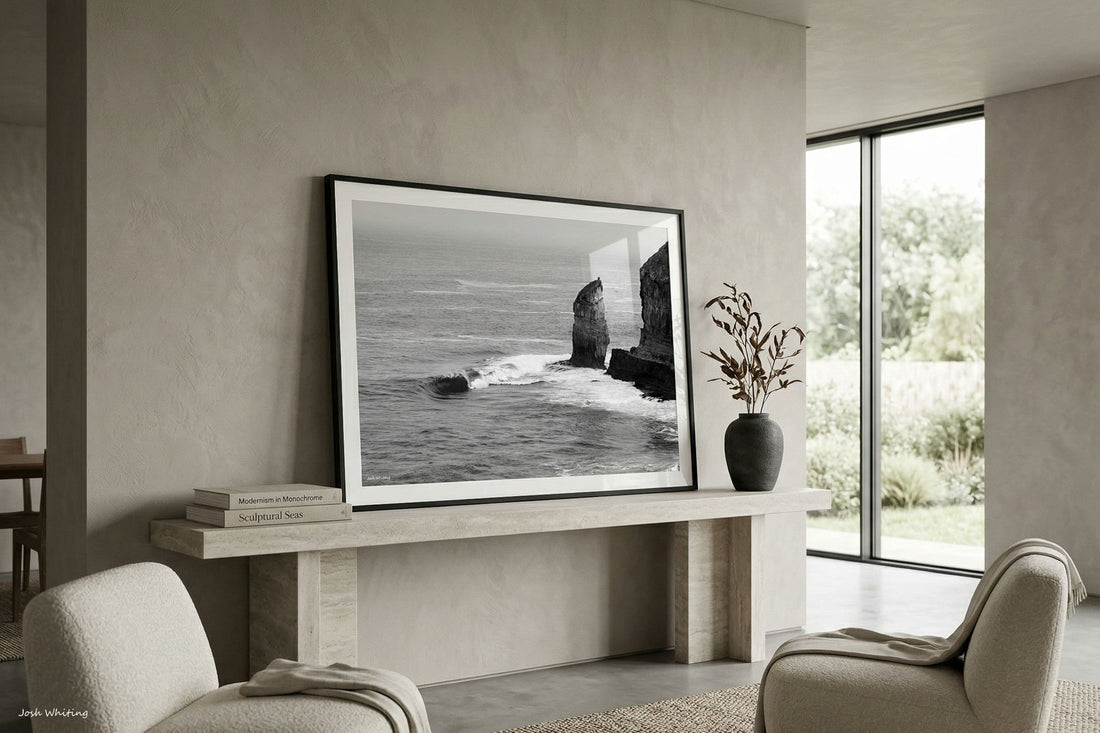Solitary Eyre Peninsula sea stack print - black and white coastal photography - large format wall art - minimalist living room - interior designer wall art - Hamptons coastal decor - Southern Ocean photography - Josh Whiting Photos