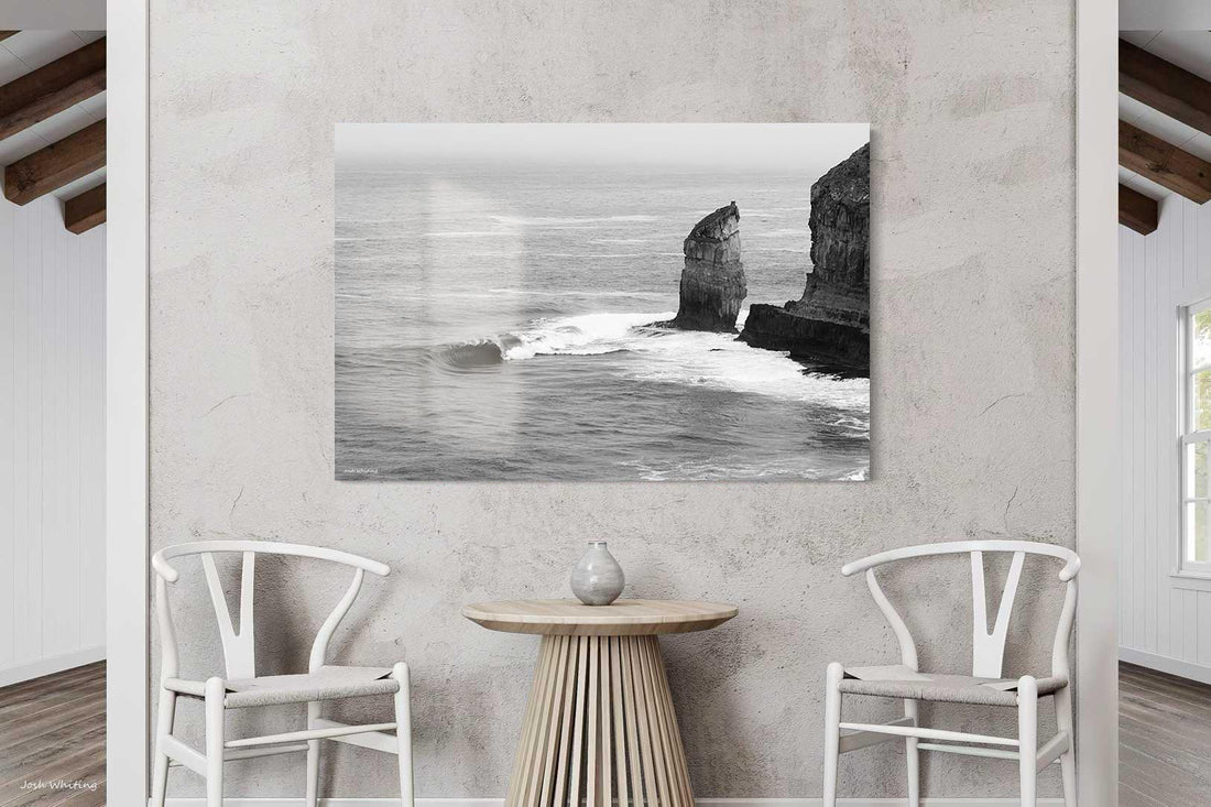 Eyre Peninsula sea stack photography - black and white coastal print - frameless acrylic wall art - South Australia fine art photography - premium acrylic prints Australia - contemporary wall decor - Josh Whiting Photos