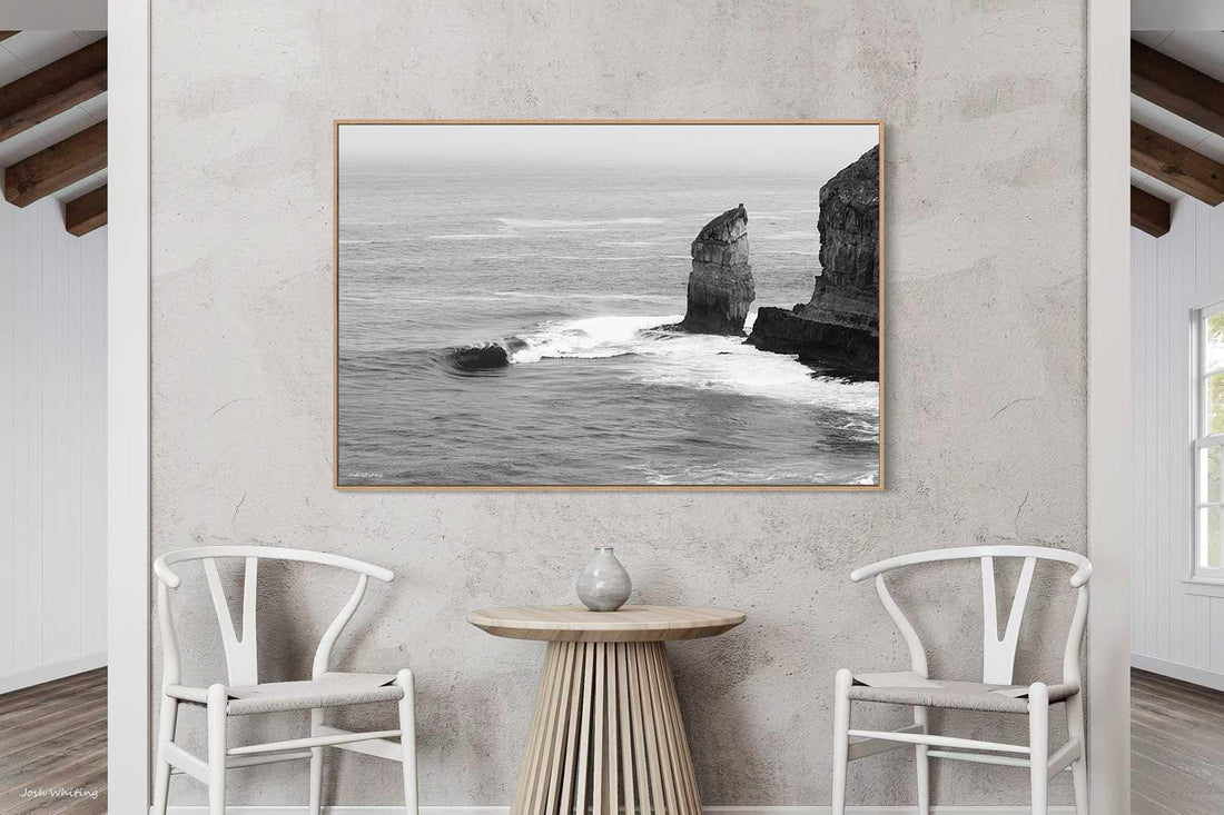 Solitary Southern Ocean sea stack - monochrome coastal photography - oak floating frame canvas print - extra large wall art Australia - wholesale artwork interior designers - beach decor - Josh Whiting Photos