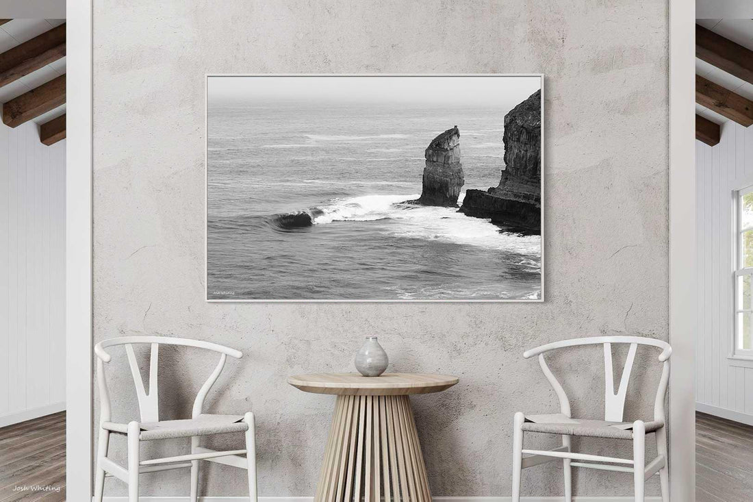 Eyre Peninsula sea stack South Australia - black and white ocean photography - white floating frame canvas - beach house wall art - ready to hang coastal canvas print - Josh Whiting Photos