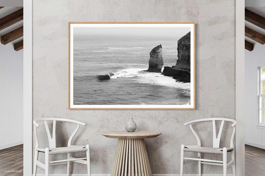 Black and white sea stack print South Australia - Eyre Peninsula coastal photography - oak framed print - extra large landscape wall art - archival fine art print - framed prints online Australia - Josh Whiting Photos