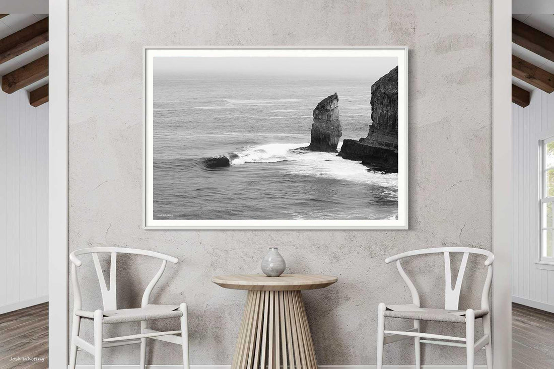 Solitary sea stack Eyre Peninsula SA - Southern Ocean black and white photography - white framed print - Hamptons wall art - large format framed coastal print Australia - Josh Whiting Photos