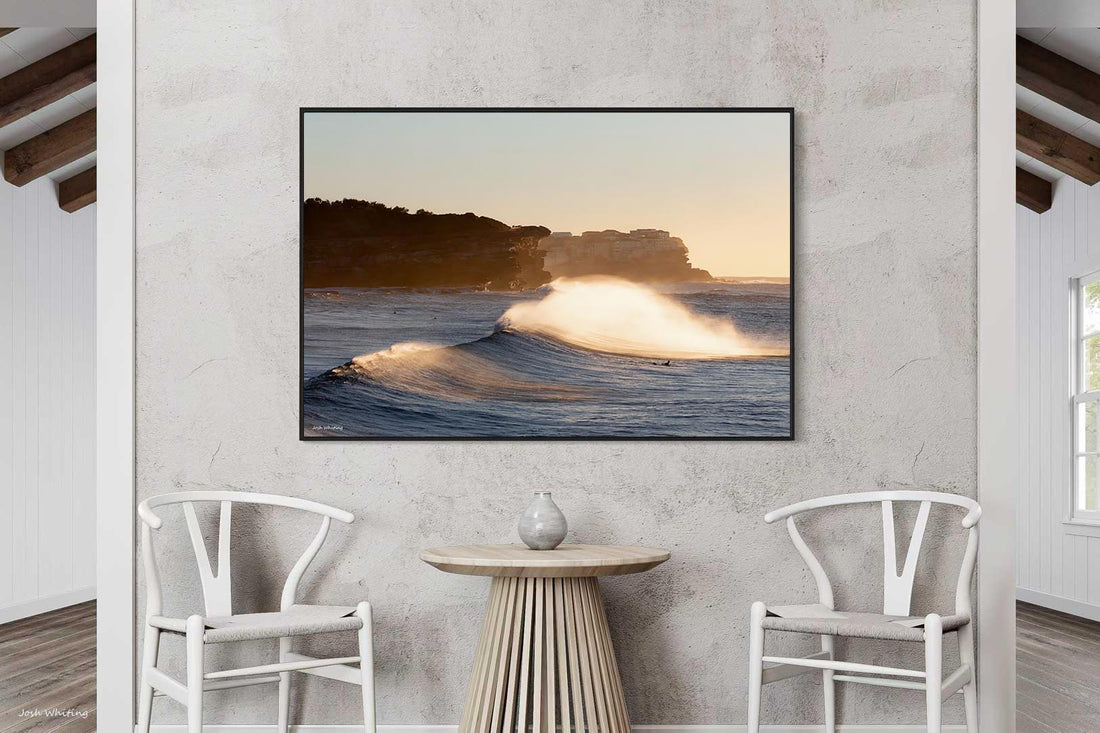 Black floating frame canvas, bold surf photography wall art of Bronte Beach Sydney