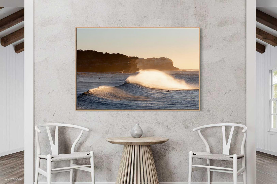 Oak floating frame canvas print, coastal wall art featuring surf at Bronte Beach