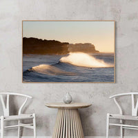 Oak floating frame canvas print, coastal wall art featuring surf at Bronte Beach