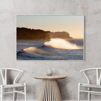 Extra large wall art canvas with a white floating frame, Bronte Beach surf print