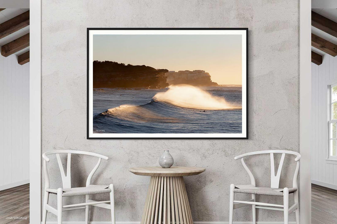 Black framed wall art print, high contrast surf photography of Bronte Beach