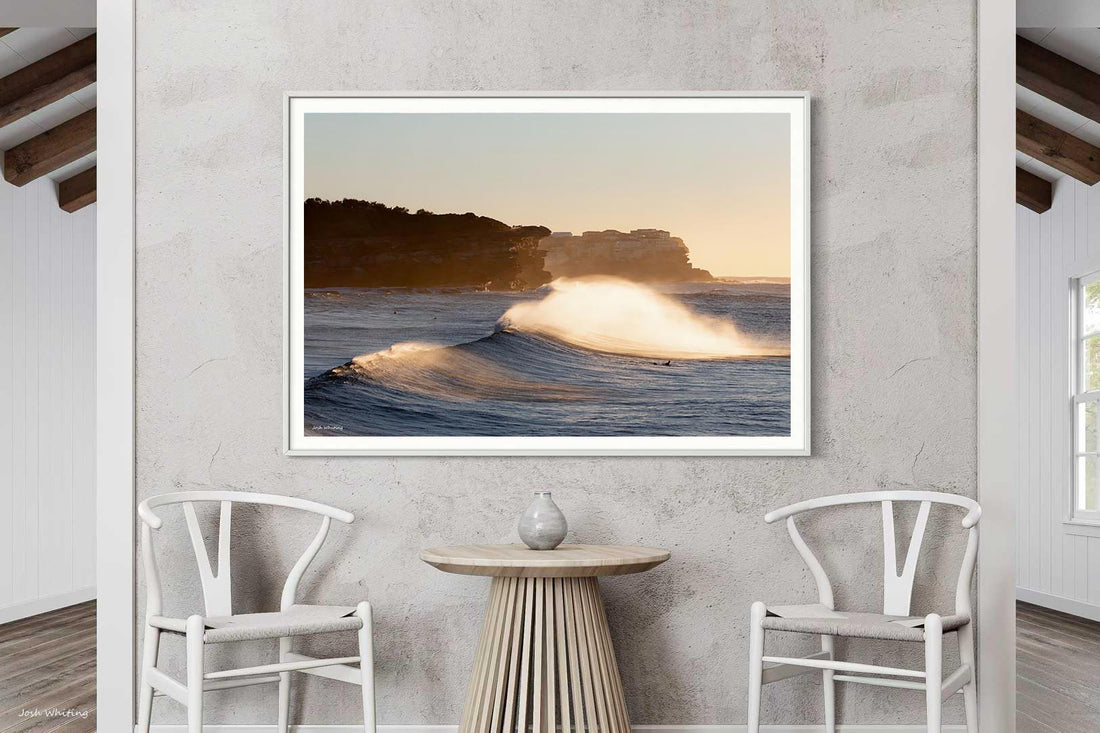 White framed surf photography print of Bronte Beach, Sydney coastal wall art