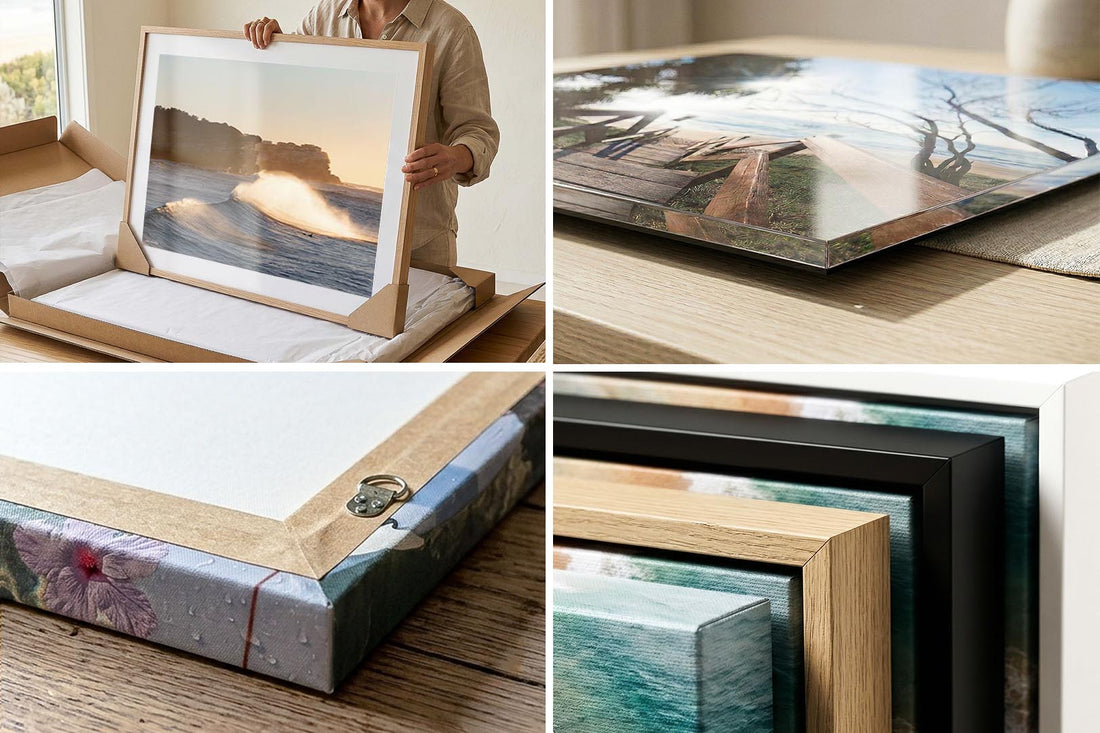 Wall art print quality and framing detail, canvas, acrylic and framed corner close ups