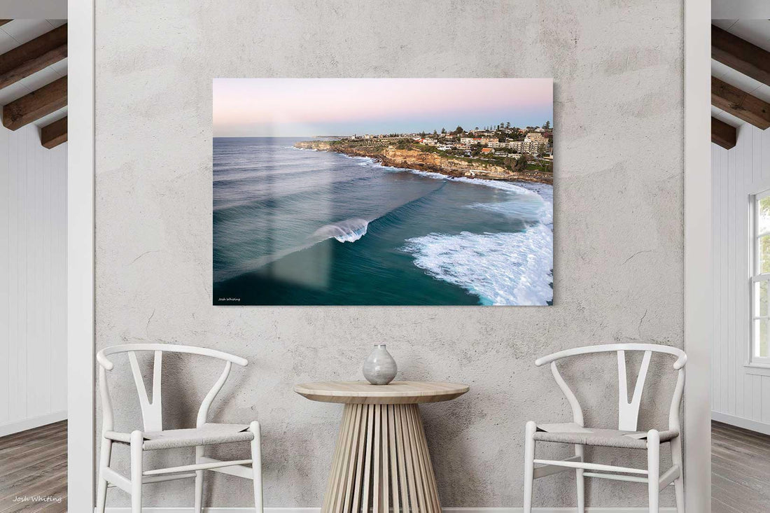 Acrylic sunrise photography print, glossy Sydney coastal wall art of Bronte Beach