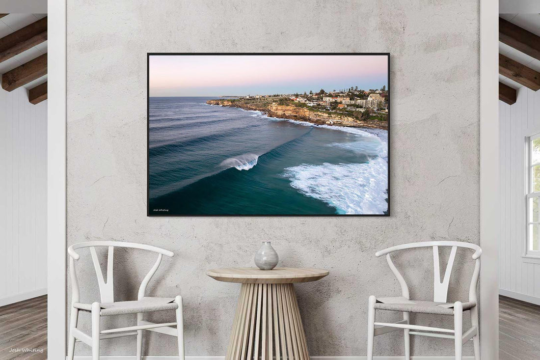 Black floating frame canvas, golden hour wall art of Bronte Beach Sydney
