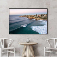 Black floating frame canvas, golden hour wall art of Bronte Beach Sydney