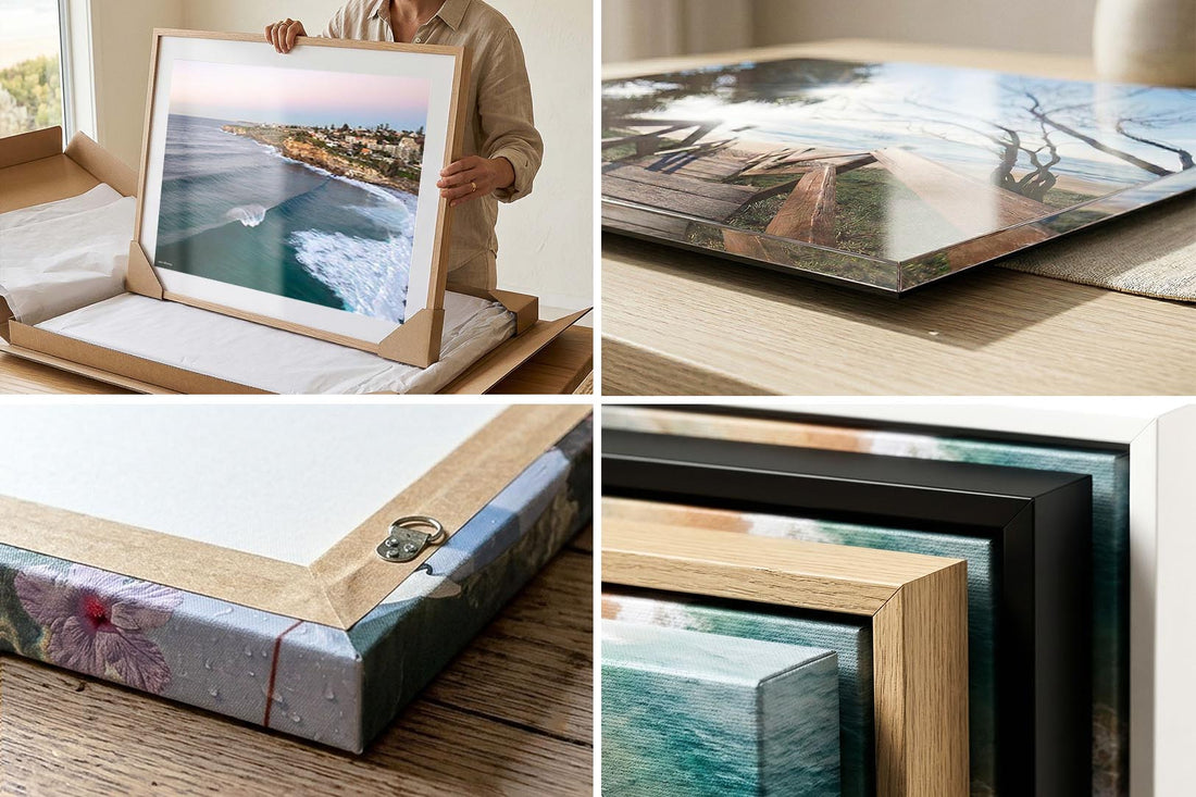 Wall art print quality and framing detail, canvas, acrylic and framed corner close ups
