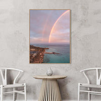 Oak floating frame canvas print, coastal wall art featuring Coral Bay at sunset