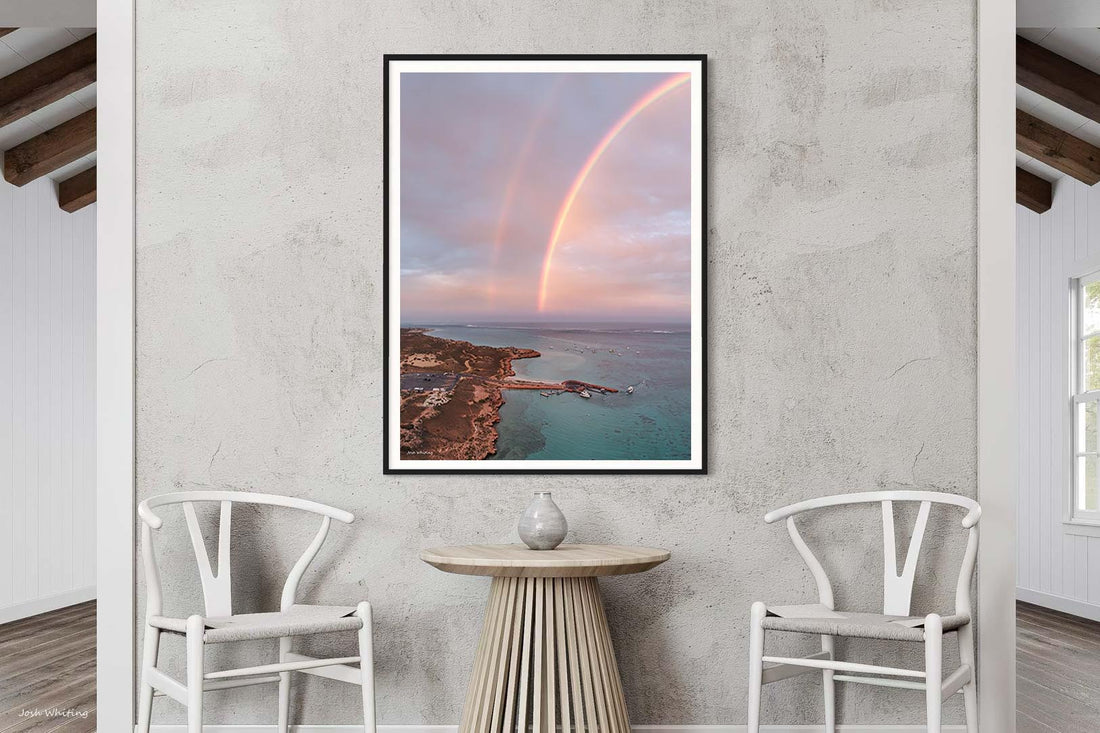 Black framed wall art print, warm toned sunset photography of Coral Bay