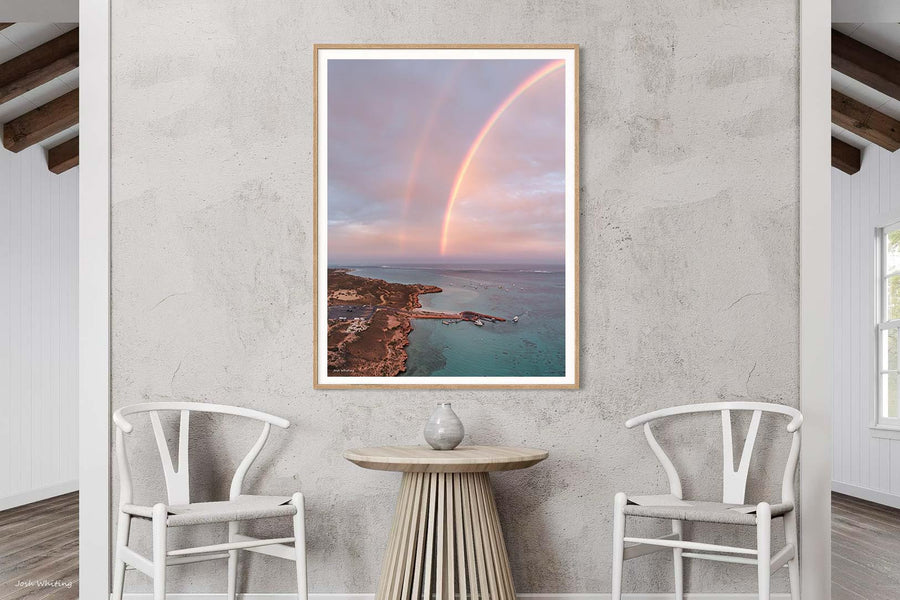 Oak framed wall art, pink toned Ningaloo Reef sunset photography from Coral Bay WA [[framed_oak]]