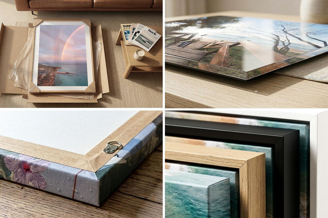 Wall art print quality and framing detail, canvas, acrylic and framed corner close ups