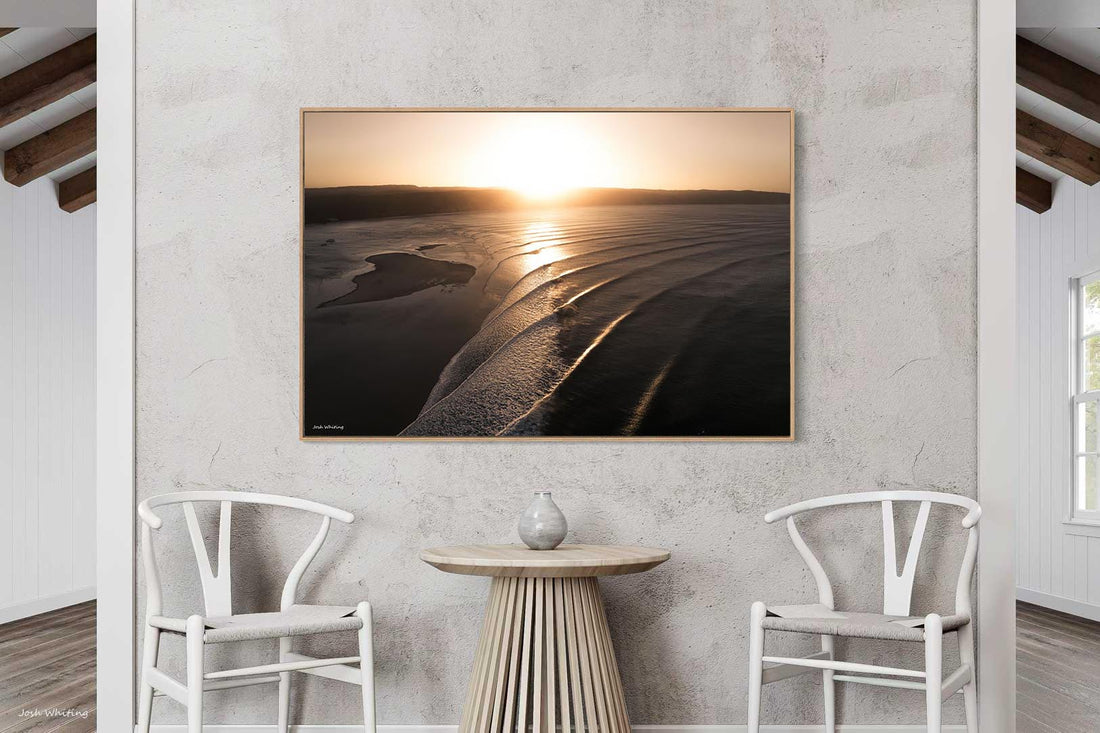 Oak floating frame canvas of golden swell lines at Double Island Point, a warm toned surf photography print