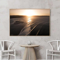 Oak floating frame canvas of golden swell lines at Double Island Point, a warm toned surf photography print