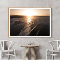 Warm oak framing suits the golden light in this Double Island Point wave shot, a natural fit for timber interiors