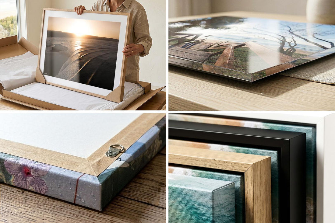 Corners and paper texture up close, showing the finish across the canvas, acrylic and framed print options