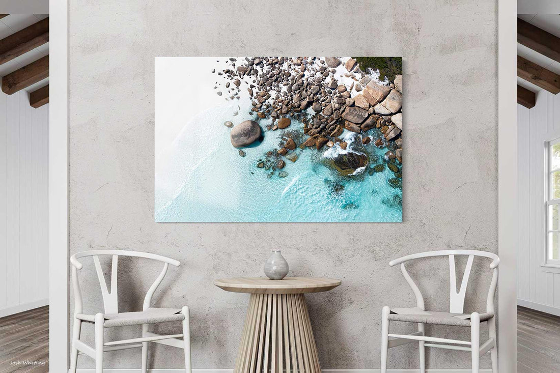 Acrylic beach photography print, glossy coastal wall art of Duke of Orleans Bay's blue water and white sand